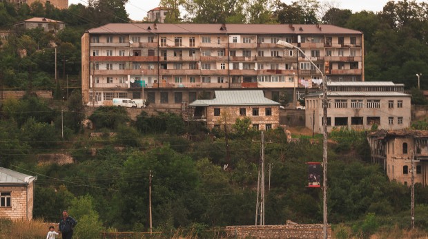 An apartment block in Shushi, a town located in Artsakh