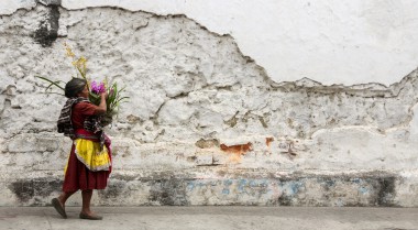Woman walking in front of a wall with flowers in her hands