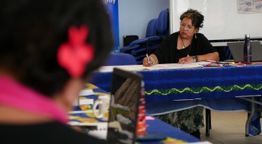 Sharon Bhagwan Rolls during a meeting in the Pacific